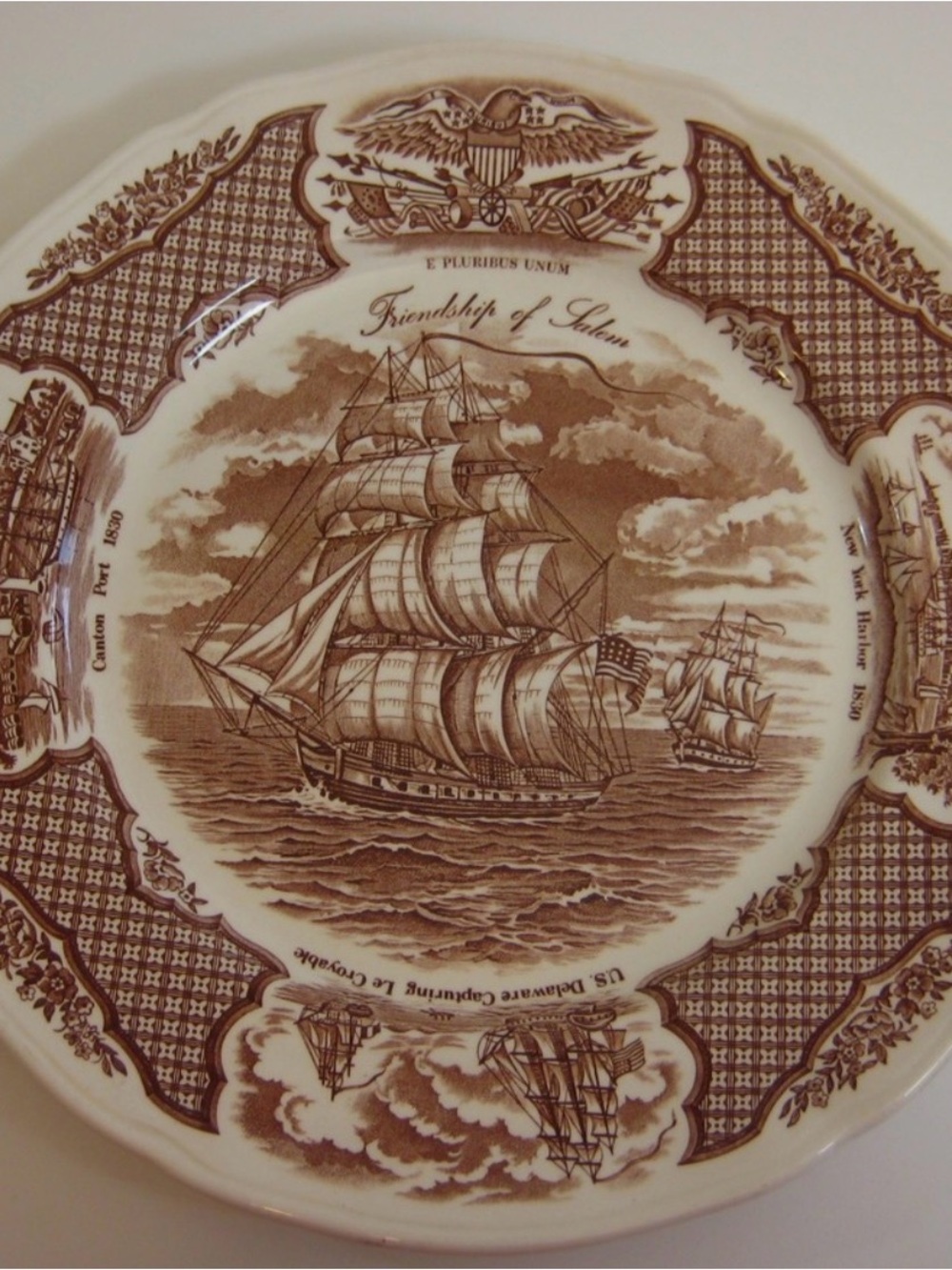 7 Friendship of Salem Decorative Dinner Plates - Brown Transferware